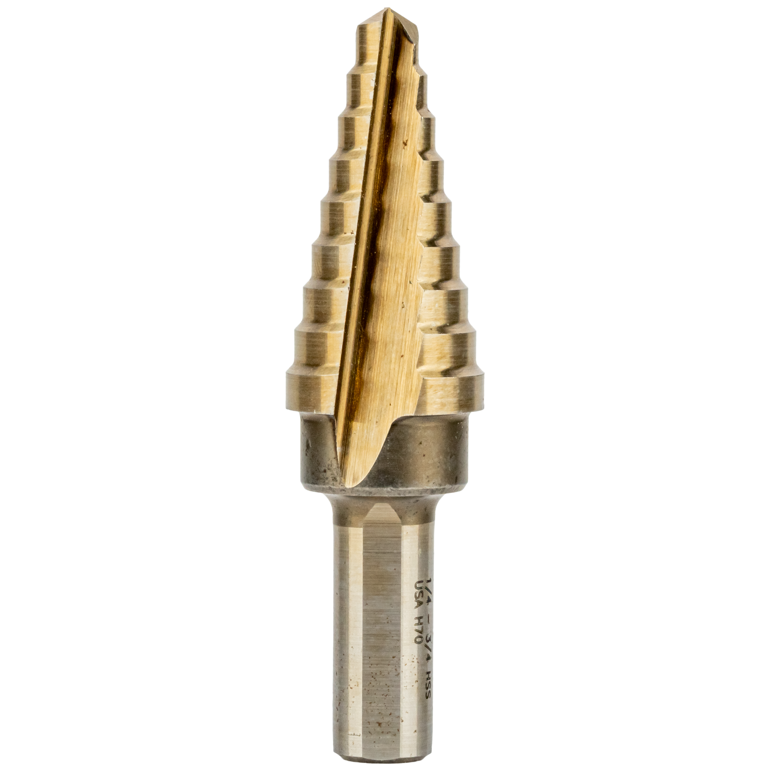 <ul><li>Special moly alloy steel for greater average hardness</li><li>Gold finish for increased lubricity reduces heat and friction</li><li>Two flute construction for clean accurate holes</li><li>Self-starting point (on most drills) eliminates starter holes or punches</li><li>Step design means fewer tools needed for multiple hole sizes</li><li>Three flats on shank insures positive chucking</li><li>For use on all metals, rigid plastics, wood and composites with a thickness equal to or less than the step thickness</li></ul>|